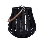 Farolillo ALVARU de ratán, con cristal de vela, asa, negro, 22cm, Ø21cm