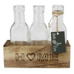 Botella de cristal STOLLAN en cajita de madera, con la inscripción «Home», 3 unidades, transparente, 17,3 x 6,7 x 15,5 cm