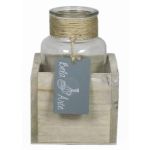 Botella de vidrio LORRIE en caja de madera, transparente, 9x9x13cm