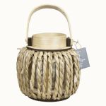 Farolillo de madera LUCELIA con portavelas de té de vidrio, asa, trenzado, beige, 18cm, Ø18cm