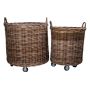 Cestas de ratán para leña ALGAN con asa, sobre ruedas, 2 piezas, redondas, marrón, 50-55cm, Ø50-65cm