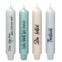 Velas cilíndricas con mensaje KELANI, duelo, 4 velas, 4 mensajes, multicolor, 16,5 cm, Ø 2,8 cm, 6 h