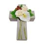Arreglo floral artificial con rosa, anturio y escaramujo NINNA, cruz para plantas, blanco y rojo, 30 x 18 x 11 cm
