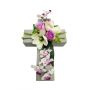 Arreglo floral artificial con magnolia, orquídea, rosa OVANA, cruz para plantas, blanco-lila-crema, 28 x 18 x 10 cm