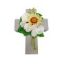 Arreglo floral artificial con gerberas, orquídeas, Allium ANSGAR y cruz para plantas, blanco y amarillo, 20 x 15 x 9 cm