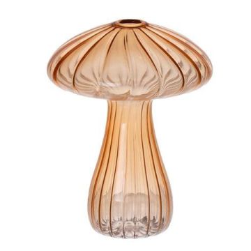 Florero de cristal PULCHERIA, forma de seta, ranuras, ámbar-transparente, 13cm, Ø10cm Florero de cristal PULCHERIA, forma de seta, ranuras, ámbar-transparente, 13cm, Ø10cm