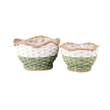 Cesta de flores de madera ISILE, 2 piezas, borde curvado, redonda, verde-blanco, 13-17cm, Ø20-25cm