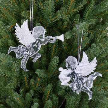Ángel acrílico para colgar LINDY, purpurina, 2 piezas, arpa, lira, brillo, plata-blanco, 9x10cm