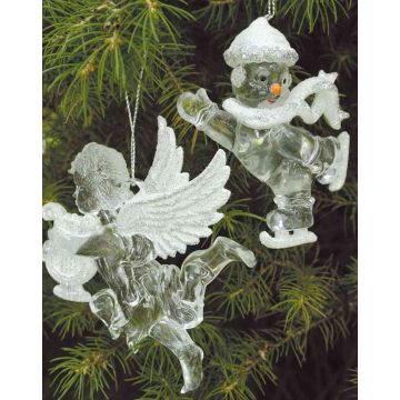 Ángel acrílico para colgar LINDY, 2 piezas, arpa, lira, brillo, blanco-plata, 9x10cm