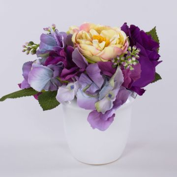 Arreglo floral de rosas y hortensias artificiales FELINE en maceta de cerámica, morado, 17 cm, Ø 18 cm
