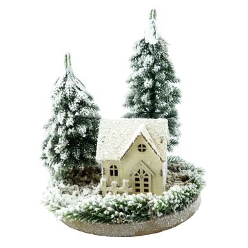 Decoración de paisaje nevado con casita iluminada SEWARD, abetos, LED, blanco-verde, 25cm, Ø20cm