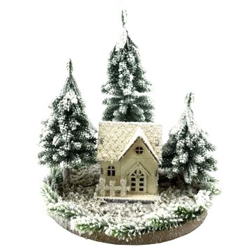Decoración de paisaje nevado con casita iluminada SEWARD, abetos, LED, blanco-verde, 25cm, Ø25cm