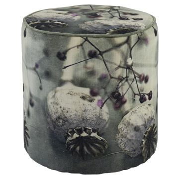 Taburete de terciopelo SARON, con motivo de amapolas, gris-lila-blanco, 45 cm, Ø 40 cm Taburete de terciopelo SARON, con motivo de amapolas, gris-lila-blanco, 45 cm, Ø 40 cm