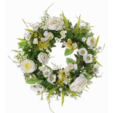 Corona de verano artificial FAHIRA, ranúnculos, margaritas, crema, Ø25cm