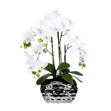 Orquídea Phalaenopsis artificial SINKA en maceta decorativa plateada, blanca, 55 cm
