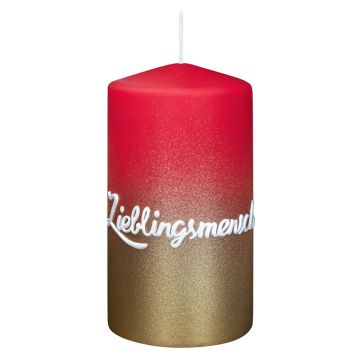 Vela con mensaje JARDENA, «Mi persona favorita», rojo antiguo-dorado, 13 cm, Ø 7 cm, 52 h