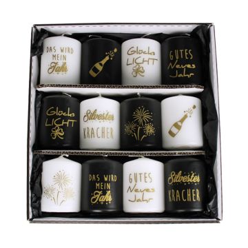 Velas de Nochevieja OVILA, 12 piezas, negro-blanco-oro, 8cm, Ø6cm - Made in Germany Velas de Nochevieja OVILA, 12 piezas, negro-blanco-oro, 8cm, Ø6cm - Made in Germany