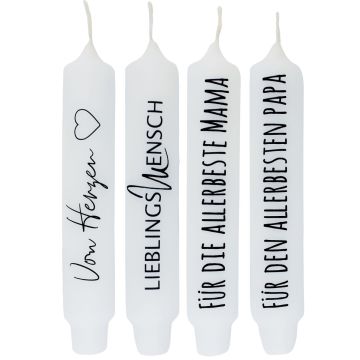 Vela cilíndrica con mensaje «KELANI», «Cordialidad», 4 velas, 4 mensajes, multicolor, 16,5 cm, Ø 2,8 cm, 6 h