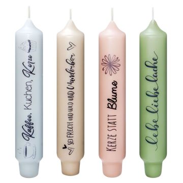 Vela cilíndrica con mensaje «KELANI», detalle, 4 velas, 4 mensajes, multicolor, 16,5 cm, Ø 2,8 cm, 6 h