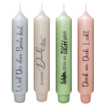Vela cilíndrica con mensaje KELANI, «Elogio», 4 velas, 4 mensajes, multicolor, 16,5 cm, Ø 2,8 cm, 6 h