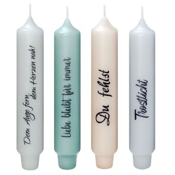 Velas cilíndricas con mensaje KELANI, duelo, 4 velas, 4 mensajes, multicolor, 16,5 cm, Ø 2,8 cm, 6 h