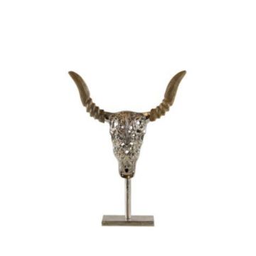 Toro decorativo de metal DOWA, con base de madera, plateado, 27 x 34 x 6 cm
