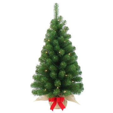 Árbol de Navidad artificial WARSCHAU, saco de yute, lazo rojo, luces LED, 90cm, Ø50cm