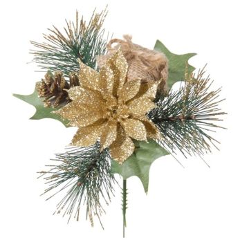 Arreglo floral de flor de Navidad, pino HERMINA con regalo, varilla, dorado, 21 cm, Ø 17 cm