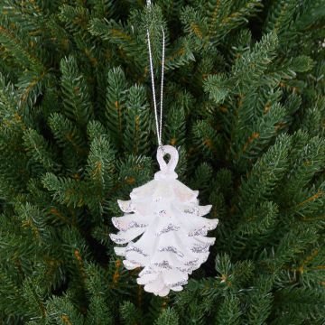 Piña de abeto acrílica para colgar CATHARINA, brillo, blanco-plata, 9cm, Ø7cm