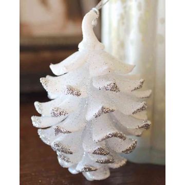 Piña de abeto acrílica para colgar CATHARINA, brillo, blanco-plata, 9cm, Ø7cm