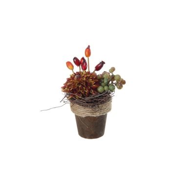 Arreglo decorativo de dalias, escaramujos y uvas MUSAN, maceta decorativa, rojo-naranja-verde, 10 cm, Ø 7 cm