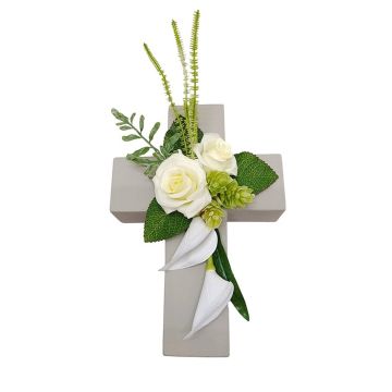 Arreglo floral de plástico con rosas, calas y lúpulo LONNE, cruz para plantas, blanco y verde, 35 x 18 x 10 cm Arreglo floral de plástico con rosas, calas y lúpulo LONNE, cruz para plantas, blanco y verde, 35 x 18 x 10 cm