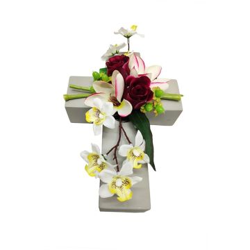 Arreglo floral artificial de magnolia, orquídea y rosa OVANA, cruz para plantas, blanco y rosa, 28 x 18 x 10 cm Arreglo floral artificial de magnolia, orquídea y rosa OVANA, cruz para plantas, blanco y rosa, 28 x 18 x 10 cm