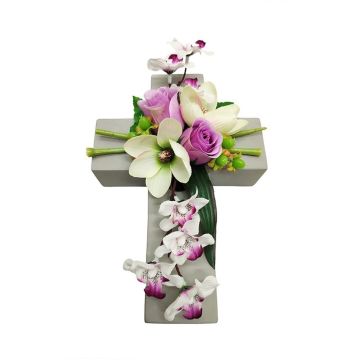 Arreglo floral artificial con magnolia, orquídea, rosa OVANA, cruz para plantas, blanco-lila-crema, 28 x 18 x 10 cm Arreglo floral artificial con magnolia, orquídea, rosa OVANA, cruz para plantas, blanco-lila-crema, 28 x 18 x 10 cm