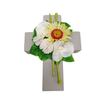 Arreglo floral artificial con gerberas, orquídeas, Allium ANSGAR y cruz para plantas, blanco y amarillo, 20 x 15 x 9 cm Arreglo floral artificial con gerberas, orquídeas, Allium ANSGAR y cruz para plantas, blanco y amarillo, 20 x 15 x 9 cm