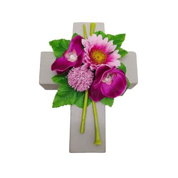 Arreglo floral artificial con gerbera, orquídea, Allium ANSGAR y cruz para plantas, rosa-fucsia, 20 x 15 x 9 cm Arreglo floral artificial con gerbera, orquídea, Allium ANSGAR y cruz para plantas, rosa-fucsia, 20 x 15 x 9 cm