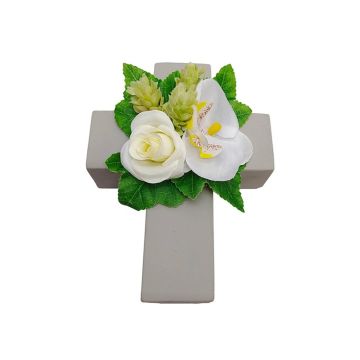 Arreglo decorativo con rosas, orquídeas y lúpulo ARIADNA, cruz con plantas, blanco, 20 x 15 x 9 cm Arreglo decorativo con rosas, orquídeas y lúpulo ARIADNA, cruz con plantas, blanco, 20 x 15 x 9 cm