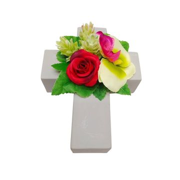 Arreglo decorativo con rosas, orquídeas y lúpulo ARIADNA, cruz con plantas, rojo-verde-rosa, 20 x 15 x 9 cm Arreglo decorativo con rosas, orquídeas y lúpulo ARIADNA, cruz con plantas, rojo-verde-rosa, 20 x 15 x 9 cm