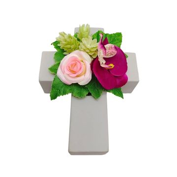 Arreglo decorativo con rosas, orquídeas y lúpulo ARIADNA, cruz con plantas, rosa-rosa, 20 x 15 x 9 cm Arreglo decorativo con rosas, orquídeas y lúpulo ARIADNA, cruz con plantas, rosa-rosa, 20 x 15 x 9 cm