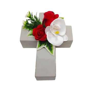 Arreglo floral de plástico con orquídea Phalaenopsis, rosa ARLOMA, cruz con plantas, blanco y rojo, 20 x 15 x 11 cm Arreglo floral de plástico con orquídea Phalaenopsis, rosa ARLOMA, cruz con plantas, blanco y rojo, 20 x 15 x 11 cm