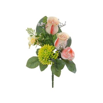 Arreglo floral decorativo con rosas, ranúnculos y allium HOKUNA, varilla, rosa-amarillo, 27 cm, Ø 20 cm