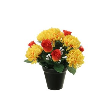 Arreglo floral artificial con crisantemo y rosa YESHE, maceta decorativa, amarillo-naranja, 28cm, Ø22cm