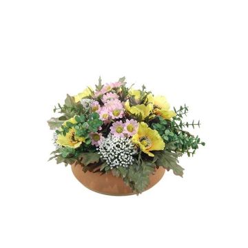 Arreglo floral artificial de anémonas y astilbe IGNATIO sobre bandeja, amarillo y rosa, 17 cm, Ø 28 cm