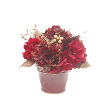 Arreglo floral artificial con hortensia y bayas SUKI, maceta decorativa, rojo y dorado, 25 cm, Ø 25 cm
