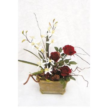 Arreglo floral artificial con orquídea Dendrobium y rosa TALIMA, maceta decorativa, rojo y blanco, 50 cm, Ø 40 cm