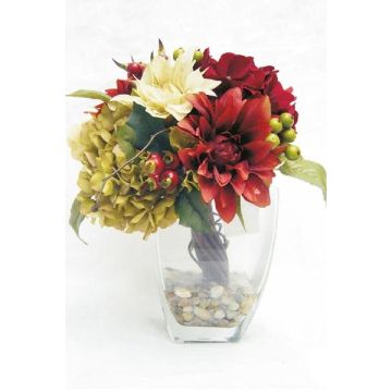 Arreglo floral artificial con dalia y hortensia THEES, jarrón decorativo, rojo-crema-verde, 30 cm, Ø 25 cm