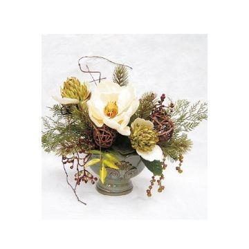 Arreglo floral decorativo con magnolia, protea y bayas TORWI, maceta decorativa, blanco y verde, 31 cm, Ø 34 cm