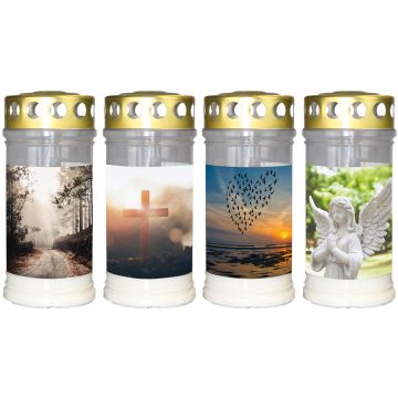 Luz de sepultura SAVINA con motivo, tapa, 4 piezas, blanco, 17cm, Ø7,7cm, 96h