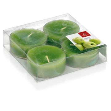Juego de 4 velas de té maxi / velas aromáticas ASTRID, verde manzana, 1,9 cm, Ø5,7 cm, 8 h