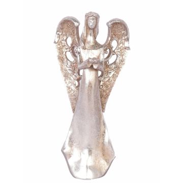 Figura de ángel decorativo PINTA, flor en las manos, plata-cobre, 30cm